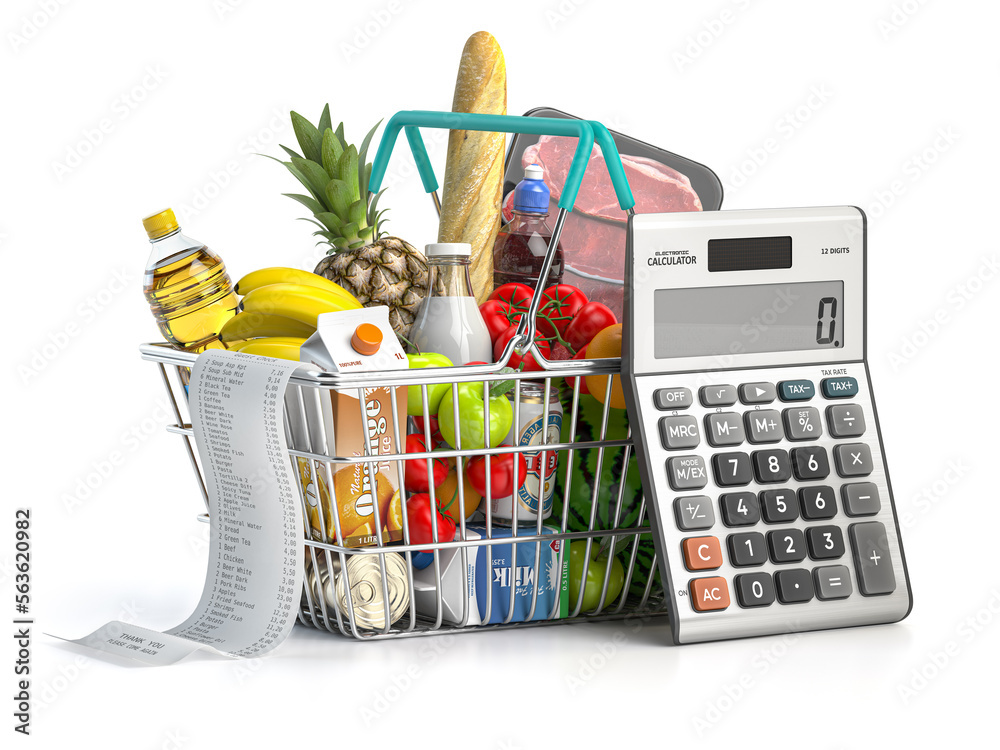 Shopping cbasket full of grocery food with receipt and calculator isolated on white. Home budget, savings, inflation and consumerism concept. - obrazy, fototapety, plakaty 