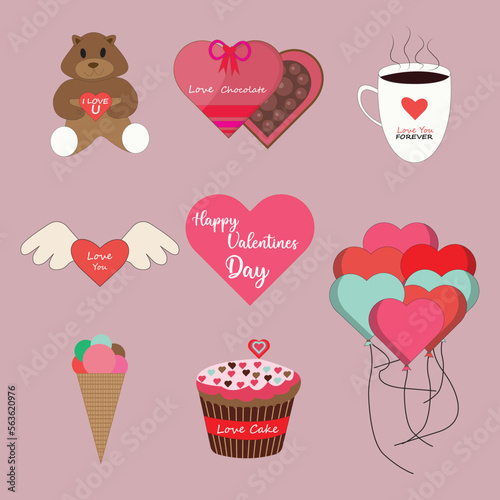 Valentines day Elements Collection. This vector contains many best gift items of valentines day. This Vector contains Teddy, Chocolate Box, Coffee Mug, Love  shape, Ice-cream, Cup Cake, Love Balloons.