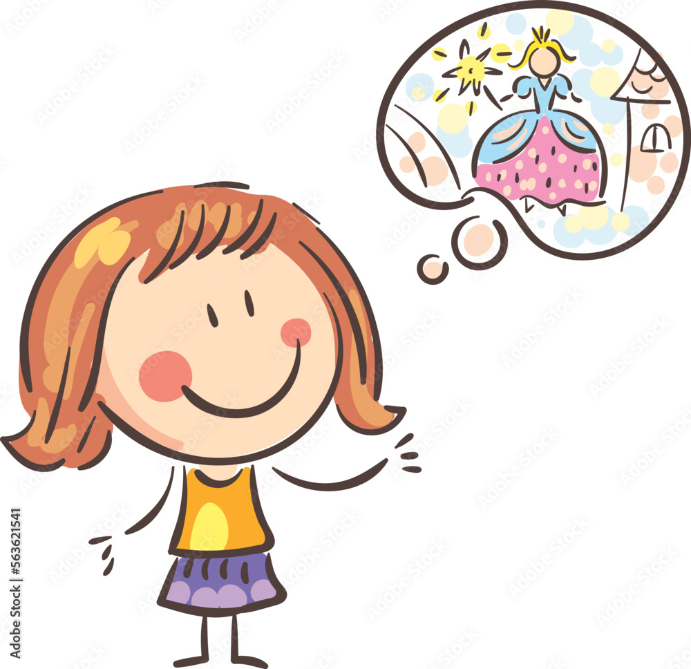 Cartoon little girl tells story or dreaming. Kid creative activities clipart, isolated on white, vector illustration. Cartoon little girl tells story or dreaming. Kid creative activities clipart, isolated on white, vector illustration.