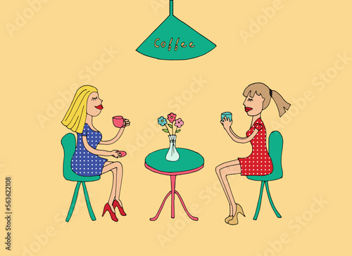 Two young females are sitting at the table and drinking coffee. Ladies spend time together. Cartoon flat illustration.
