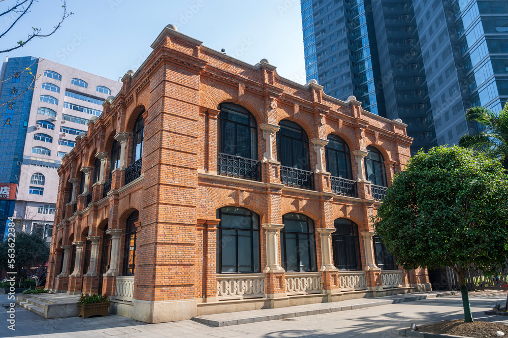 Old buildings with red brick walls on the streets of Shanghai, China