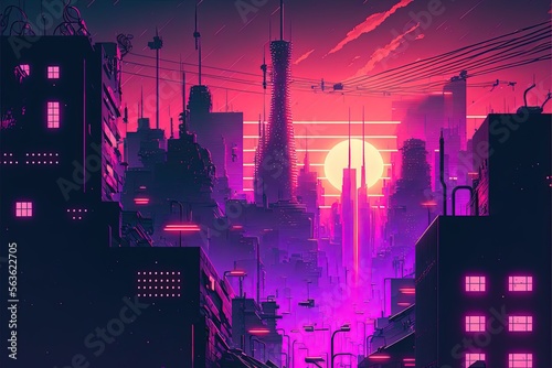 Digital illustration of futuristic city  cyberpunk style  purple colors. Generative AI