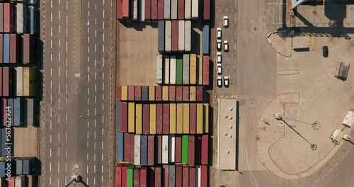 Commercial port with stacked shipping containers, Aerial footage