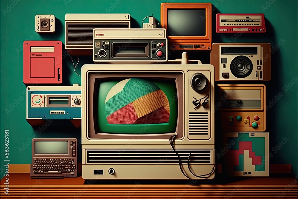 Background full of various old electronics from the 80s and 90s, retro. Generative AI Background full of various old electronics from the 80s and 90s, retro. Generative AI