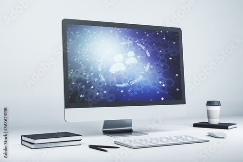 Creative abstract people icons hologram on modern computer monitor, life and health insurance concept. 3D Rendering