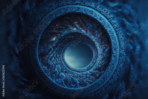 Digital illustration of a blue spiral portal made in amazing shapes. Generative AI