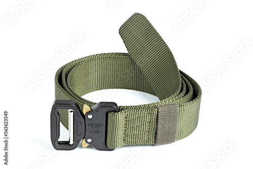 Green mens nylon fastening belt isolated on white background. photo