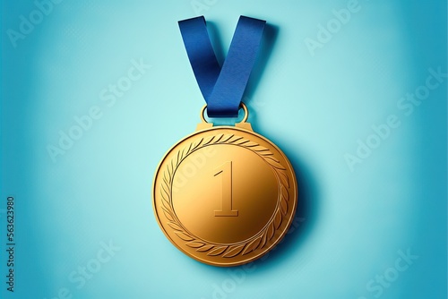 Digital illustration of gold medal with number 1, blue background. Generative AI photo