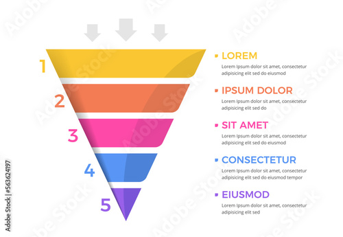 Funnel diagram with 5 elements, infographic template for web, business, presentations