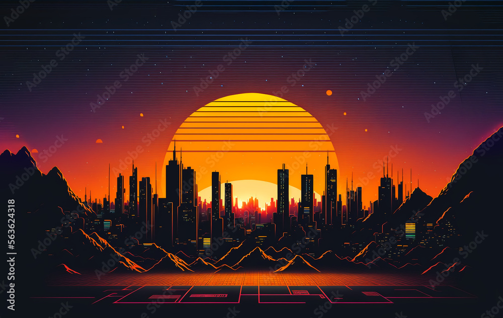 80s Retro Sci-Fi Background with Night City Skyline, Synthwave glowing ...