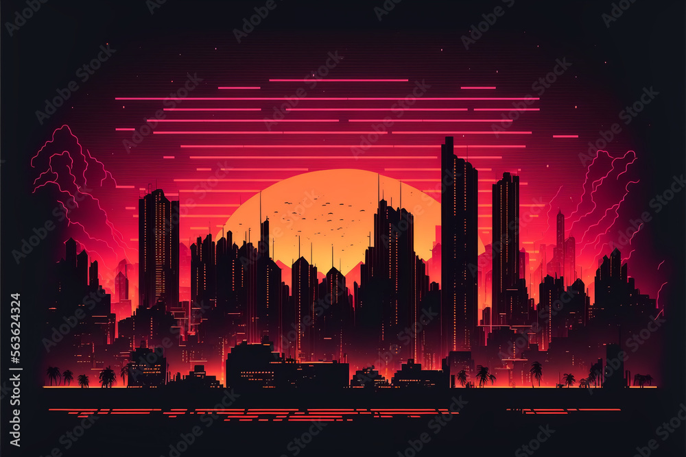 80s Retro Sci-Fi Background with Night City Skyline, Synthwave glowing neon lights plane with sun and city skyline, Cyberpunk and retro wave style illustration, generative ai.