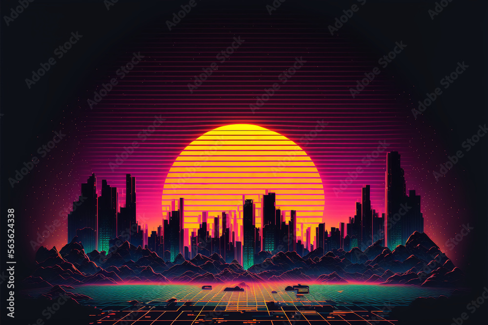 80s Retro Sci-Fi Background with Night City Skyline, Synthwave glowing ...