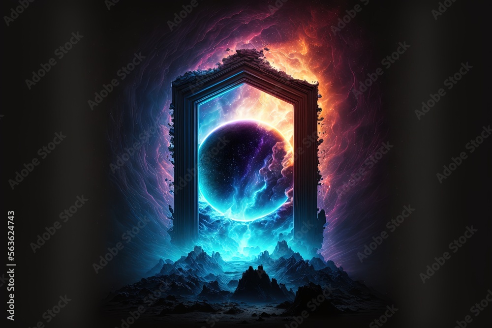 Obraz premium Mystical portal in space, with nebubula and immensity of space in the background, beautiful neon colors . generative AI