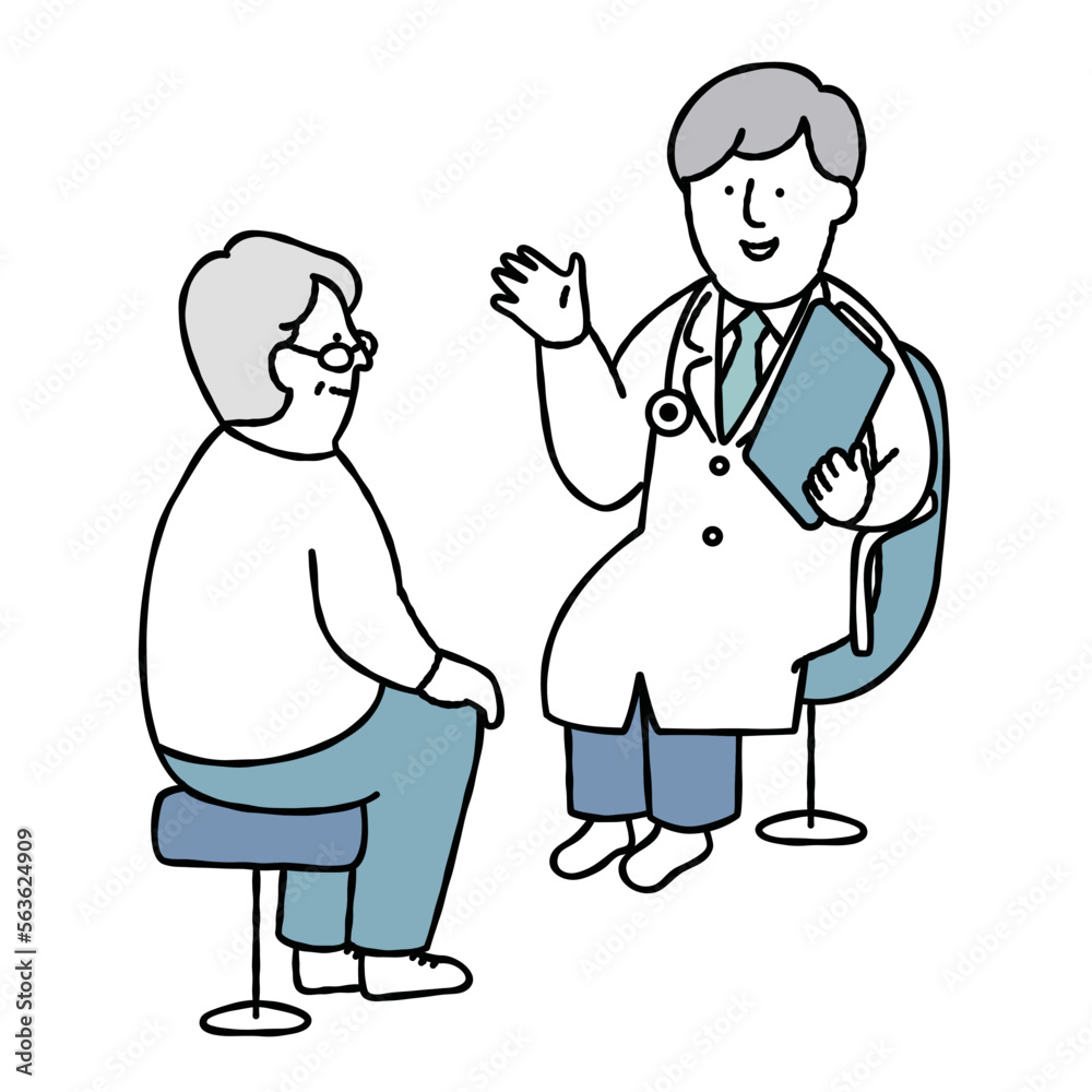 診察を受ける中年男性と医者のイラスト素材　ブルー