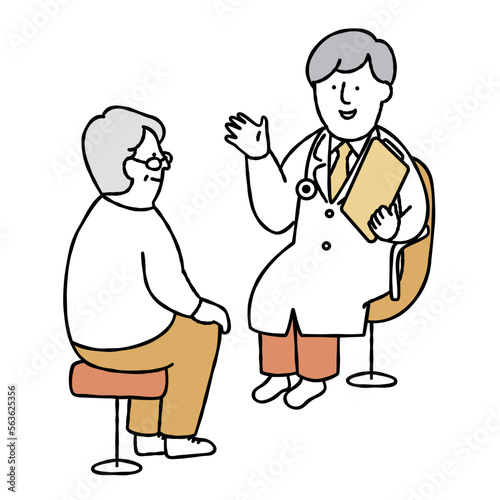 診察を受ける中年男性と医者のイラスト素材　イエロー