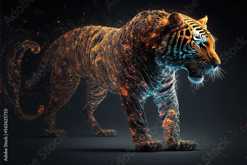 Mystical tiger with amazing shapes, dark background. AI digital illustration