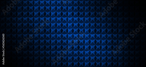 Dark acoustic foam wall with blue light. Recording studio room background with sound proofing texture. Radio broadcast or podcast background with copy space for website banner design