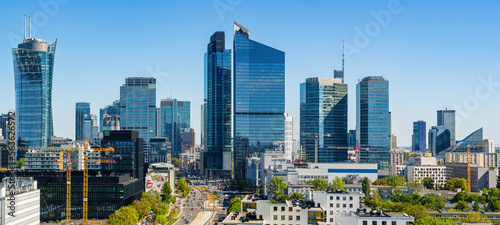 Office district around Daszynskiego roundabout called "new Mordor", Warsaw skyline aerial image