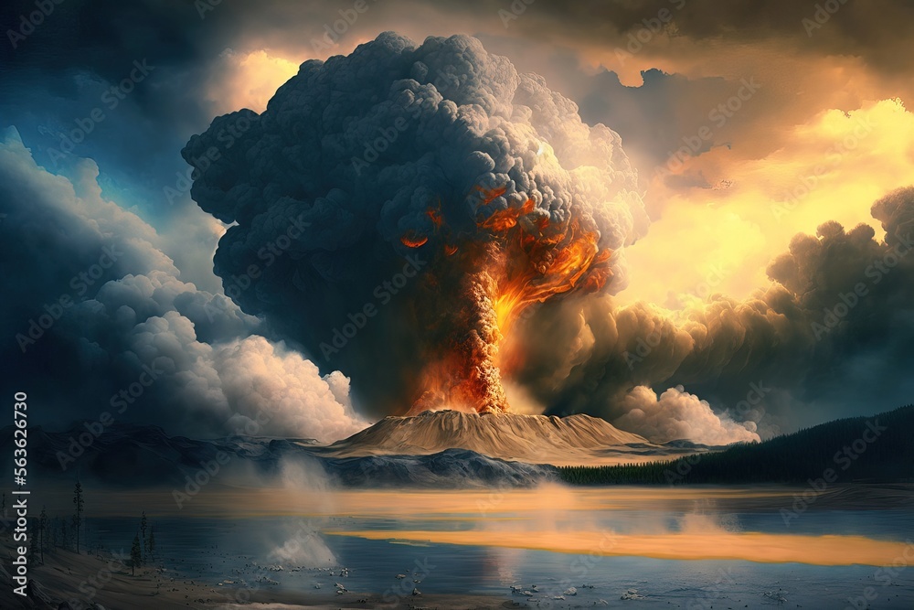 volcan en éruption, panache de fumée et nuage de lave dans un paysage réaliste - obrazy, fototapety, plakaty 