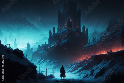illustration numérique, paysage fantastique nocturne de forteresse sombre sous la neige © nyothep