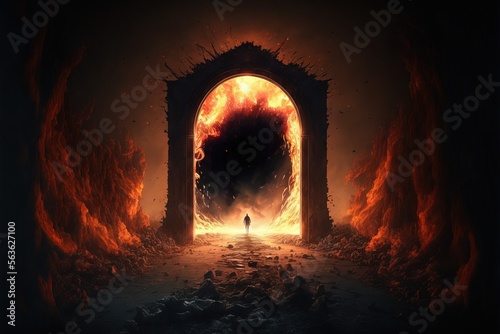 illustration numérique  fantastique d'un personnage traversant un grand portail magique  en flammes vers un autre monde épique photo