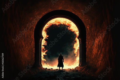 illustration numérique  fantastique d'un personnage traversant un grand portail magique  en flammes vers un autre monde épique photo