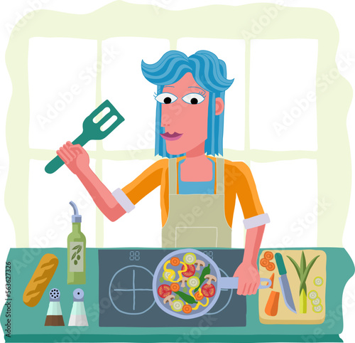 A scene of a woman cooking or preparing a healthy meal like vegetable curry or Chinese food a kitchen. In an abstract cubist flat modern cartoon style