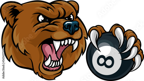 A bear angry mean pool billiards mascot cartoon character holding a black 8 ball.
