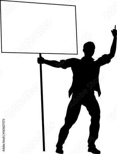 Protestor or demonstrator at a demonstration march, picket line or strike protest rally in silhouette. Holding up a banner or picket sign board placard.