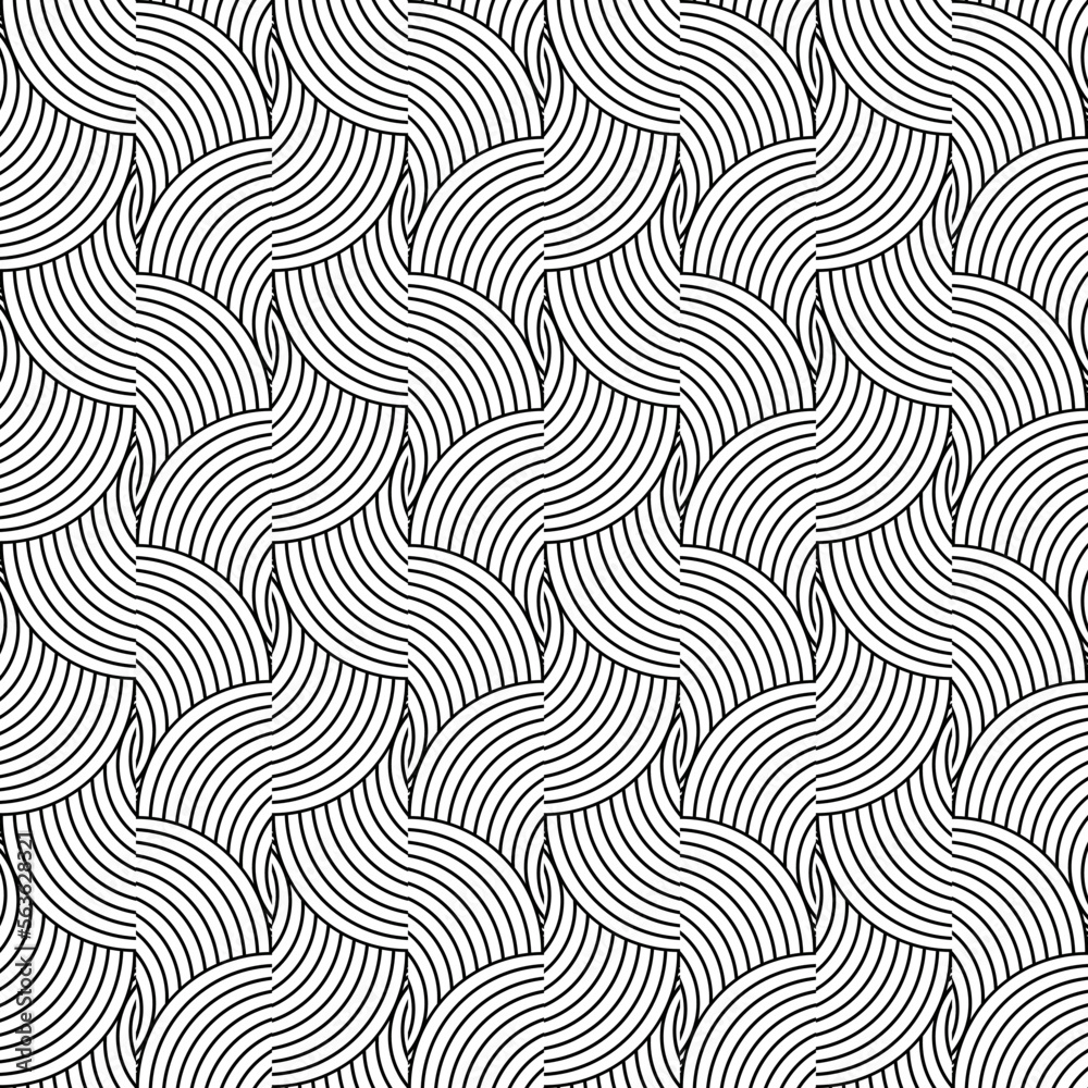 Vector seamless pattern. Abstract monochrome background with black curved lines