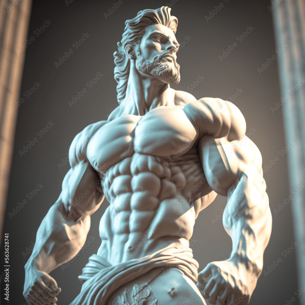 greek sculpture muscular man with big hair and beard giga chad Stock ...