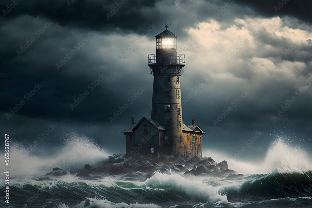 Lighthouse in the storm. 3d illustration