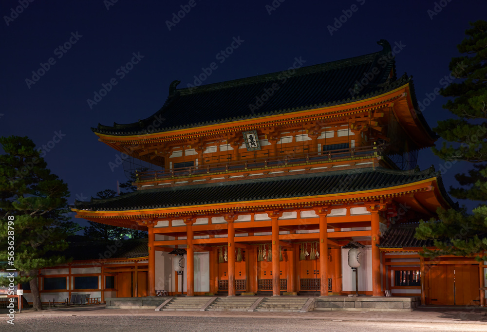 Main gate (Otenmon) of the Heian Jingu Shrine in the night. Kyoto. Japan