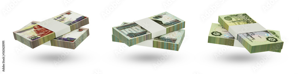 Set of stacks of Egyptian pound notes in different denominations. 3d rendering - obrazy, fototapety, plakaty 