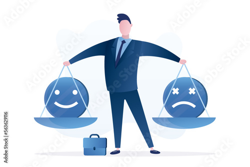 Confident businessman holds balanced scales with emoji. Positive thinking. Emotional and mental balance. Calm guy controlling emotions and feelings for work.