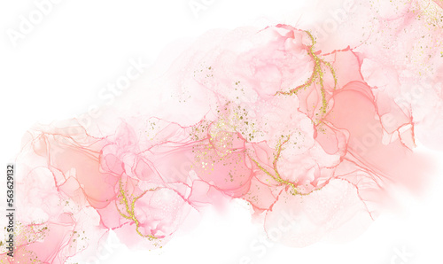 Abstract watercolor or alcohol ink art pink background element with golden crackers. Pastel pink marble drawing effect. template for wedding invitation,decoration, banner, background, png file   © Deemerwha