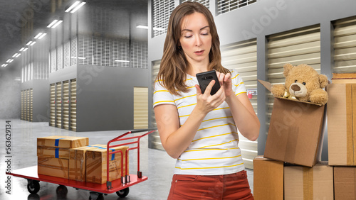 Woman in hallway of storage...