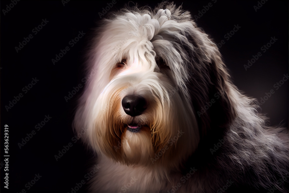 portrait of a old english sheepdog on a black background. generative ai