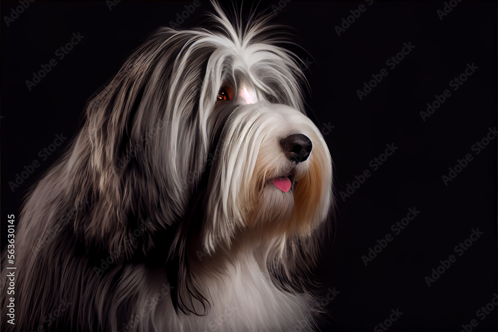 portrait of a bearded collie dog on a black background. generative ai