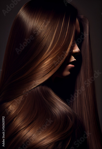 Perfekte  gesunde und gl  nzende kastanien braune Haare im Fokus eines Portraits. Perfekt f  r Friseur- Haarfarbe- und Shampoo- werbung. -Generative Ai