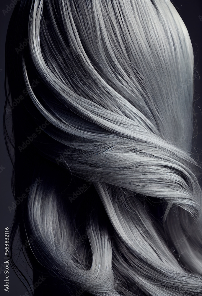 Naklejka premium Perfekte, gesunde und glänzende graue Haare im Fokus eines Portraits. Perfekt für Friseur- Haarfarbe- und Shampoo- werbung. -Generative Ai