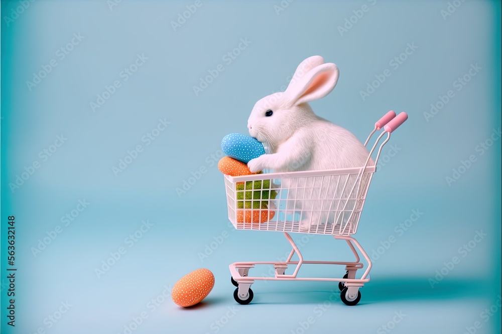 Cute Easter bunny rabbit sitting in shopping basket and colored eggs for spring easter holiday background design. Cute Easter bunny rabbit sitting in shopping basket and colored eggs for spring easter holiday background design.