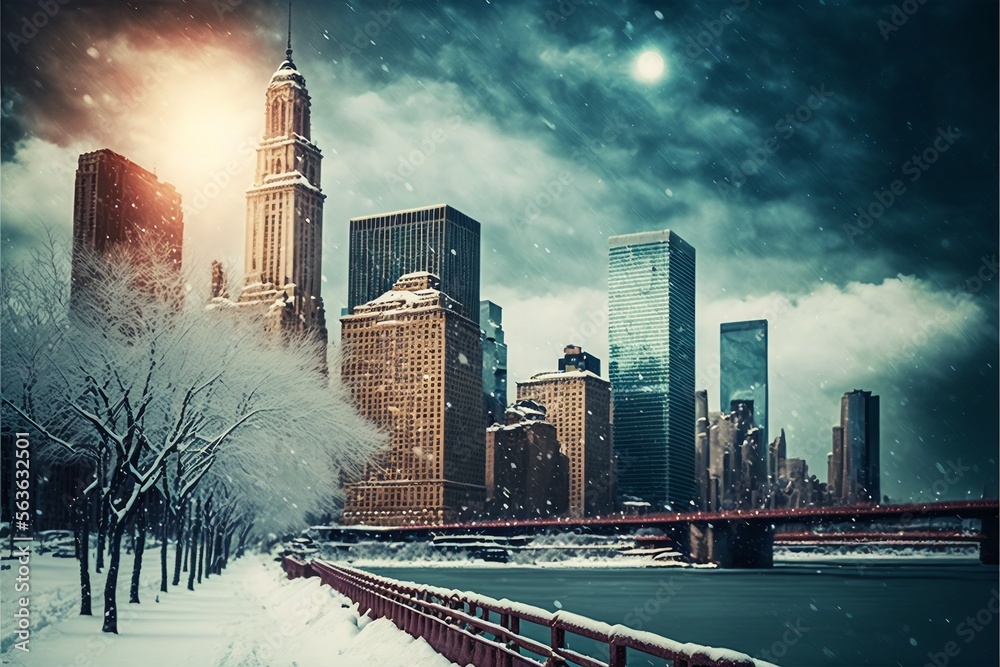 Φωτογραφία Snow in New York City - fantastic image, skyline with city skyscrapers in Manhattan, USA