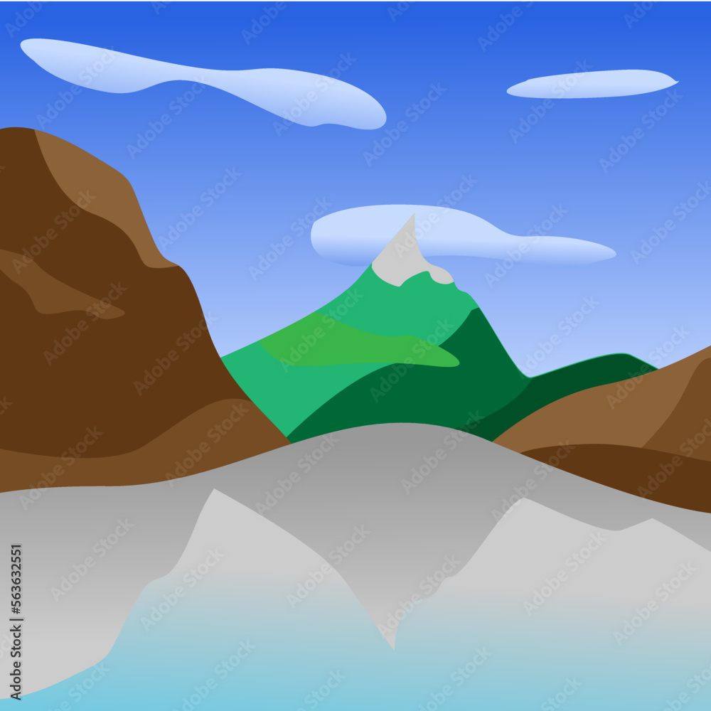 Illustrator vector of mountain view with shadow reflect in a lake in blue sky.