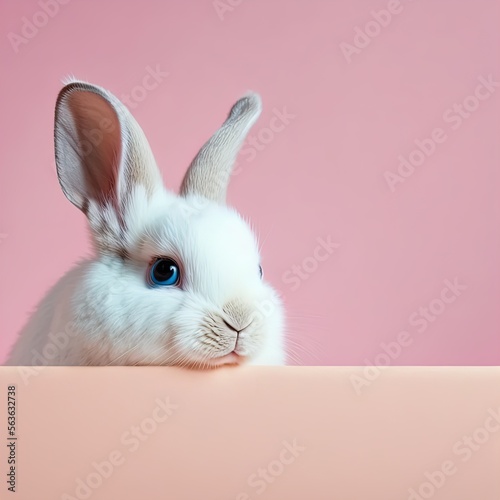 Cute easter rabbit sitting on pink background with empty space for text or product. Currious small bunny symbol of spring and easter © Aleksey