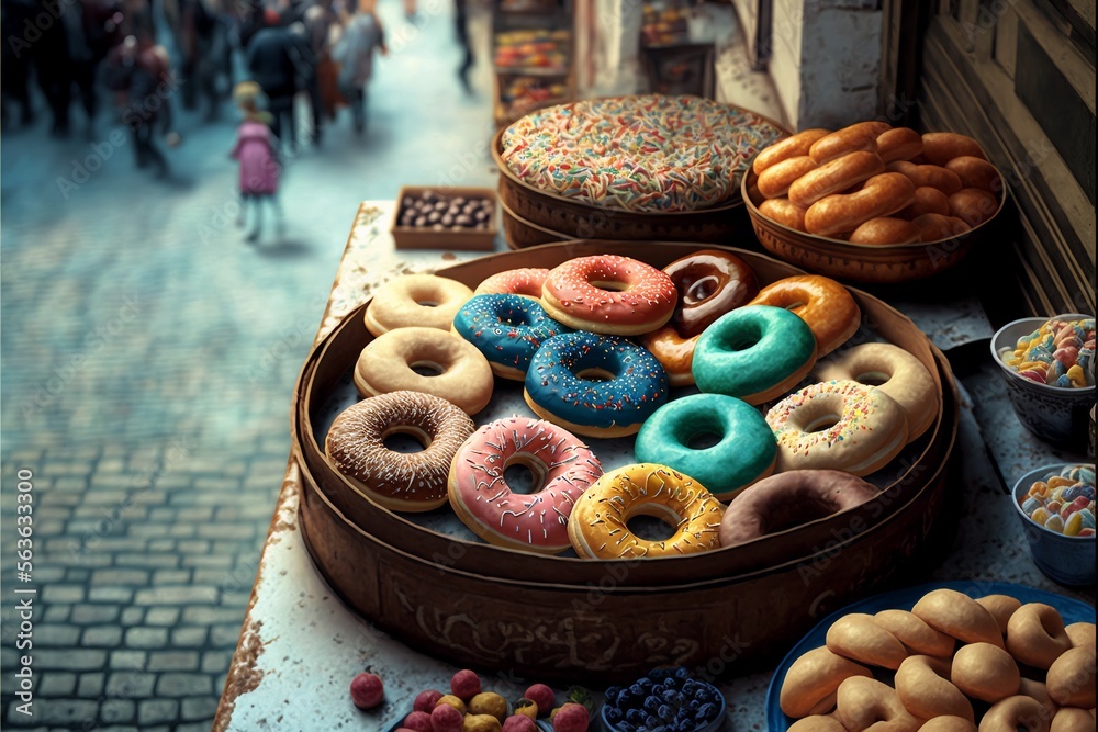 Donuts of different flavors and colors in a street market in budapest ...