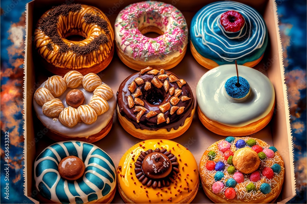 Donuts of different flavors and colors in a street market in budapest ...