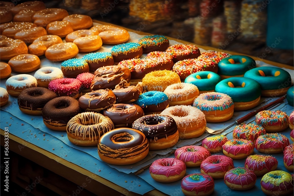 Donuts of different flavors and colors in a street market in budapest ...
