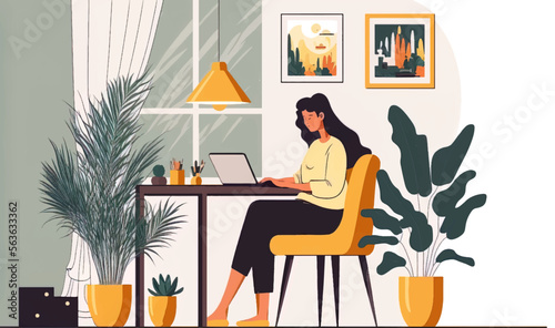 Woman working or studying on laptop at home. Coworking space vector flat style illustration.