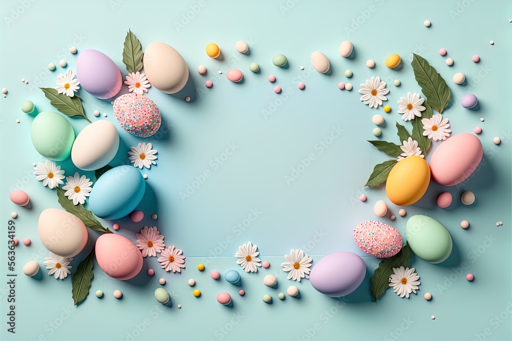 Colorful easter eggs with meadow flowers circle frame on blue with space for text digital art style. Easter spring holiday design template